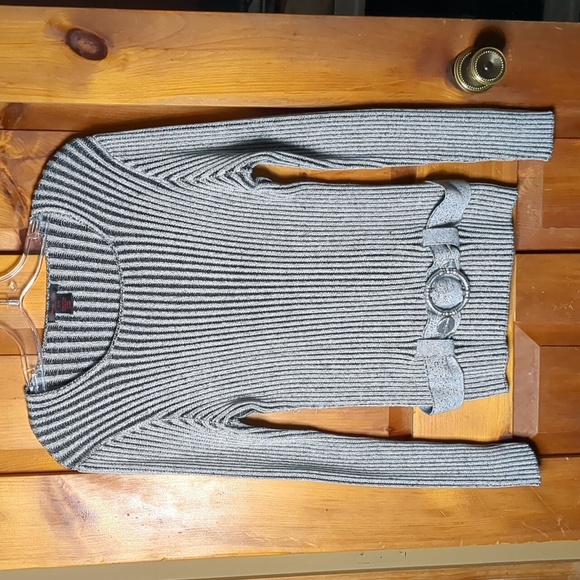 ALISON SHERI* faux belt y2k long sleeve ribbed striped grey/black round neck - Picture 3 of 12